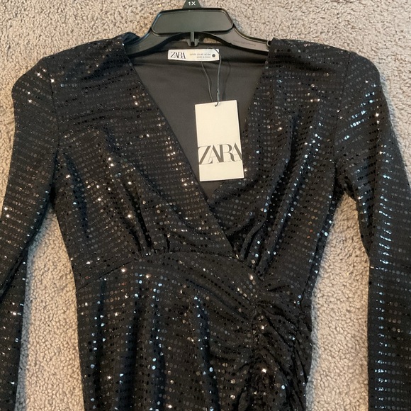 Zara Black Bling Wrap Midi Cocktail Dress Party PROM Wedding Whimsygoth XS, NWT - Picture 6 of 7